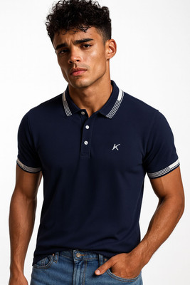 Klothinc Solid Men Polo Neck Dark Blue T-Shirt