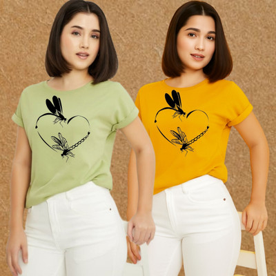 Kasendra Graphic Print Women Round Neck Green, Yellow T-Shirt