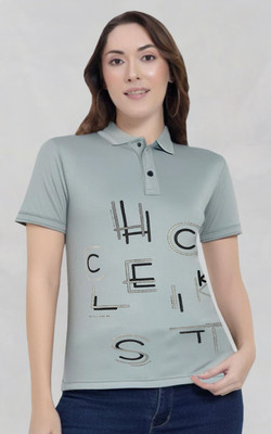 HouseOfCommon Printed Women Polo Neck Grey T-Shirt
