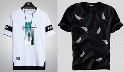 stylesmyth Printed Men Round Neck White, Black T-Shirt