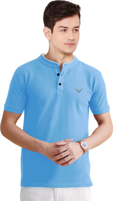 click n buy Solid, Printed Men Mandarin Collar Light Blue T-Shirt
