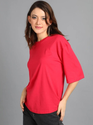 HouseOfCommon Solid Women Round Neck Red T-Shirt
