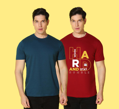 WOOSTRO Printed, Solid Men Round Neck Dark Blue, Red T-Shirt