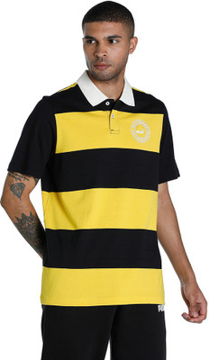 PUMA Striped Men Polo Neck Yellow T-Shirt