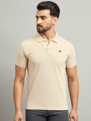 Bodybett Solid Men Polo Neck Beige T-Shirt