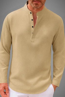 Rufica Solid Men Mandarin Collar Beige T-Shirt