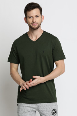 VAN HEUSEN Solid Men V Neck Green T-Shirt