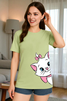 Elvia Printed Women Round Neck Light Green T-Shirt
