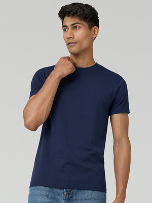 URBANICE Solid Men Round Neck Navy Blue T-Shirt