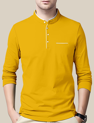 AUSK Solid Men Mandarin Collar Yellow T-Shirt