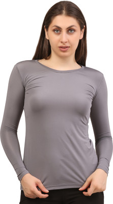 YOUNGBLOK Solid Women Round Neck Grey T-Shirt