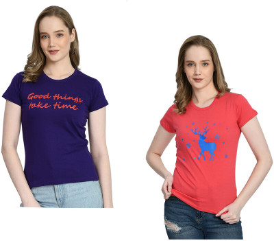 IndiWeaves Printed Women Round Neck Purple, Orange T-Shirt