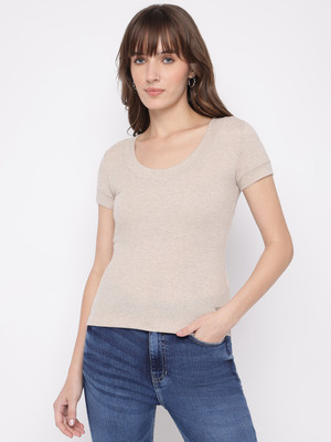 GUESS Solid Women Scoop Neck Beige T-Shirt
