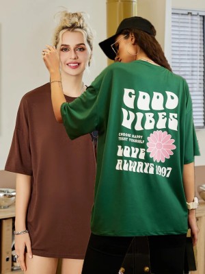 SYDNEY HILLS Printed Women Round Neck Brown, Dark Green T-Shirt