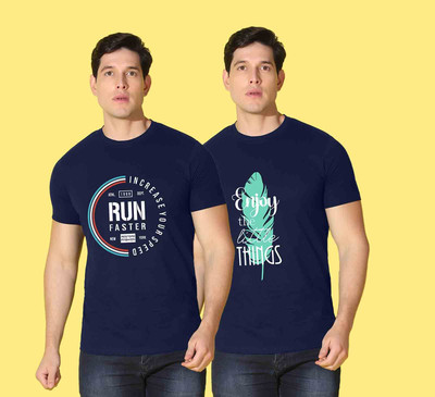 WOOSTRO Printed Men Round Neck Blue T-Shirt