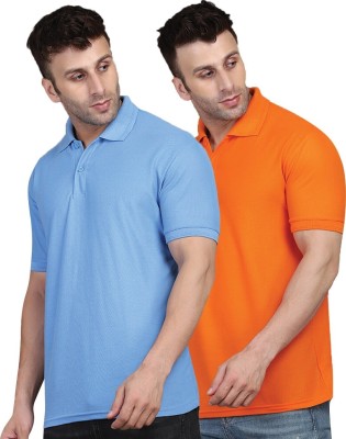 INKKR Solid Men Polo Neck Blue, Orange T-Shirt