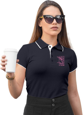 Fighterhero Printed Women Polo Neck Navy Blue T-Shirt