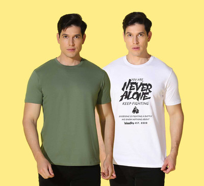 WOOSTRO Printed, Solid Men Round Neck White, Green T-Shirt