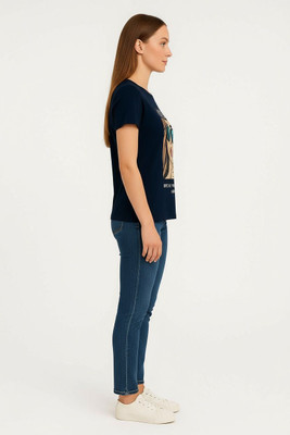 vastra root Printed Women Round Neck Black T-Shirt