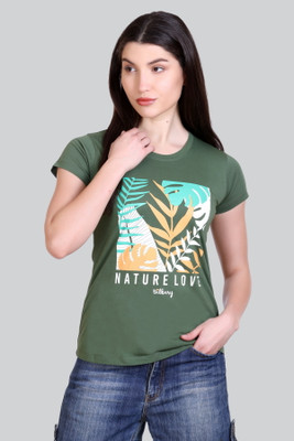 A & Y Printed Women Round Neck Dark Green T-Shirt