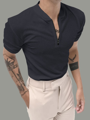 EyeBogler Solid Men Zip Neck Grey T-Shirt