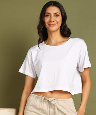 Moda Rapido Solid Women Round Neck White T-Shirt
