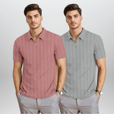 BROWEARS Self Design Men Zip Neck Pink, Grey T-Shirt