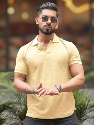 MANIAC Self Design Men V Neck Beige T-Shirt