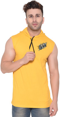 GEUM Solid Men Hooded Neck Yellow T-Shirt