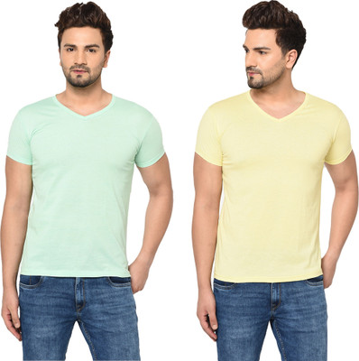 Tresna Trendy Solid Men V Neck Light Green, Yellow T-Shirt