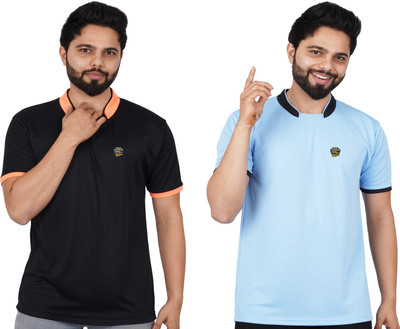La Milano Solid Men Mandarin Collar Light Blue T-Shirt