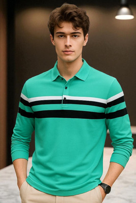 FASHIUM Striped Men Polo Neck Green T-Shirt