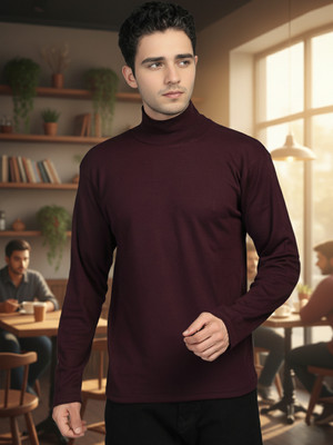 Mast & Harbour Solid Men High Neck Purple T-Shirt