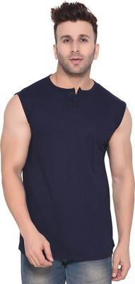 GEUM Solid Men Henley Neck Dark Blue T-Shirt