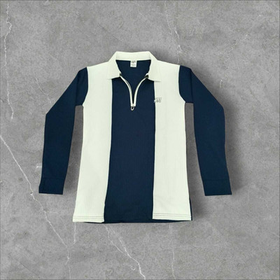 Anju Self Design Men Zip Neck Dark Blue, White T-Shirt