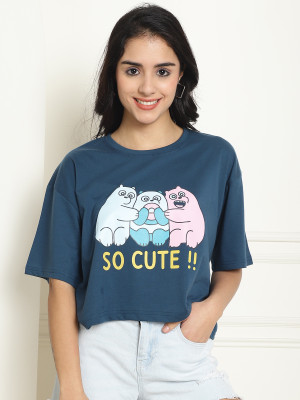 DreamBe Printed, Typography Women Round Neck Dark Blue T-Shirt