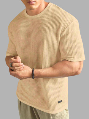 Lets Create Self Design Men Round Neck Beige T-Shirt