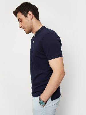 MAX Solid Men Mandarin Collar Blue T-Shirt