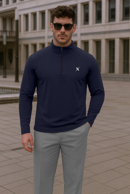 FTX Solid Men Zip Neck Navy Blue T-Shirt
