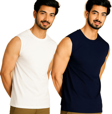 Adorbs Solid Men Round Neck White, Dark Blue T-Shirt