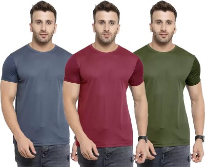 Think Tech Solid Men Round Neck Grey, Maroon, Dark Green T-Shirt