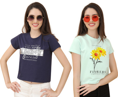 vfesta Typography Women Round Neck Light Green, Dark Blue T-Shirt