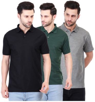 Fabarroe Solid Men Polo Neck Black, Dark Green, Grey T-Shirt