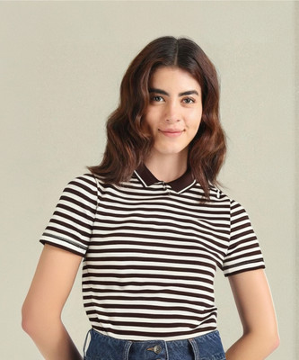 VIMAL JONNEY Striped Women Polo Neck Brown T-Shirt