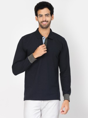 KALT Solid Men Polo Neck Blue T-Shirt