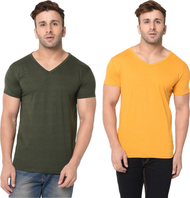 Tresna Trending Solid Men V Neck Dark Green, Yellow T-Shirt