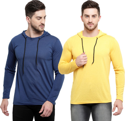Tresna Trending Solid Men Hooded Neck Dark Blue, Yellow T-Shirt