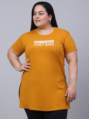 Trend Level Typography Women Round Neck Yellow T-Shirt