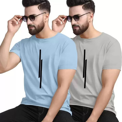 REVIZO Printed Men Round Neck Light Blue, Grey T-Shirt