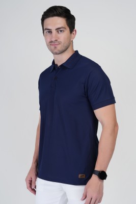 John Peters Solid Men Polo Neck Navy Blue T-Shirt